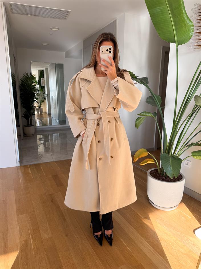 Bouchle Kuşaklı Kaşe Kaban - Ekru 