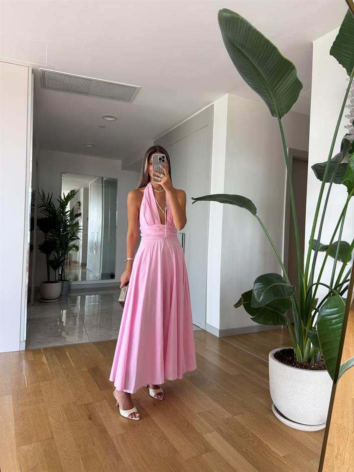Bowli Boyundan Bağlamalı Halter Yaka Elbise - Pembe