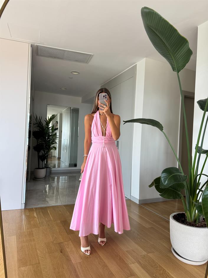 Bowli Boyundan Bağlamalı Halter Yaka Elbise - Pembe