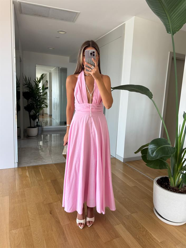 Bowli Boyundan Bağlamalı Halter Yaka Elbise - Pembe