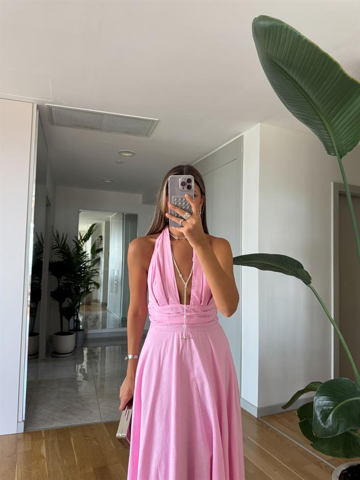 Bowli Boyundan Bağlamalı Halter Yaka Elbise - Pembe