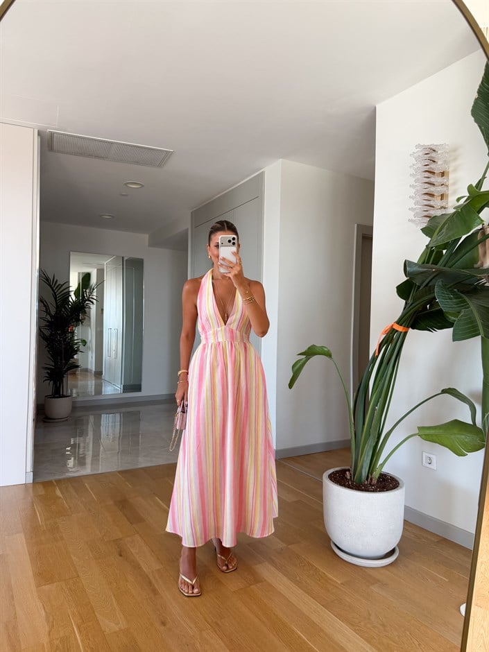 Boyundan Bağlamalı Çizgili Elbise - Pembe