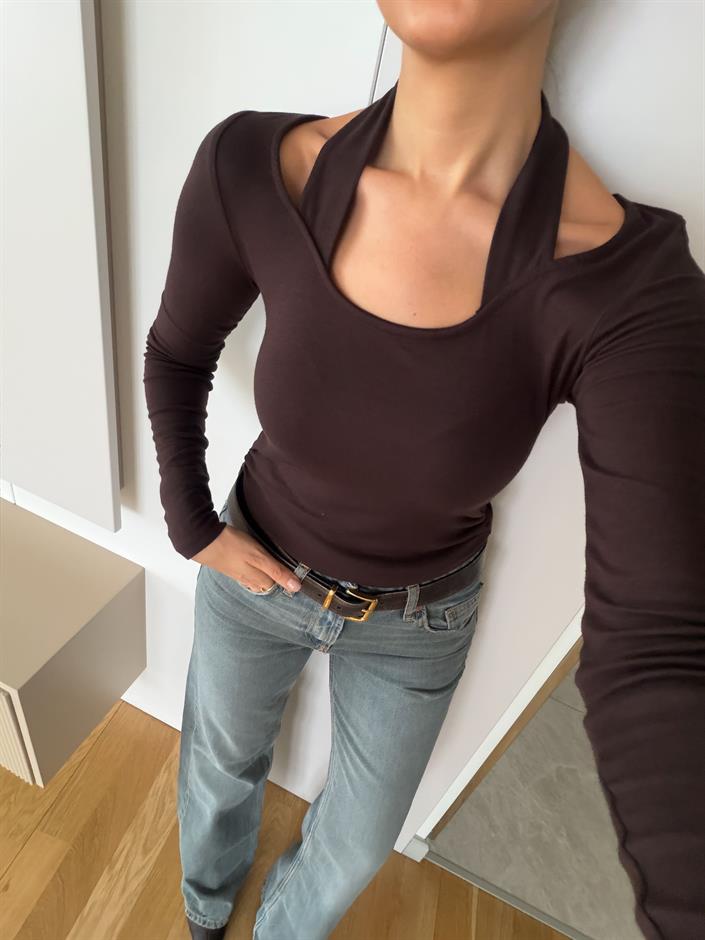 Boyundan Geçmeli  Penye Bluz - Kahve