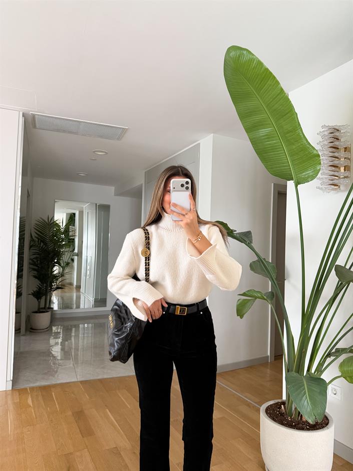 Brice Kolları  Yırtmaçlı Kazak - Ekru