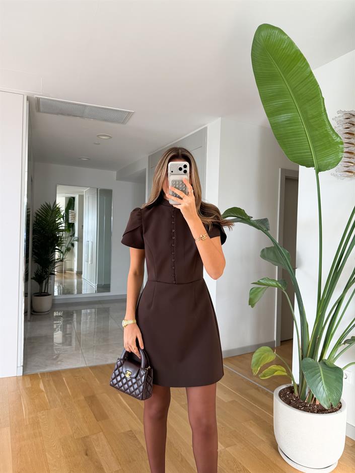 Brit Düğme Detaylı Mini Elbise - Kahve