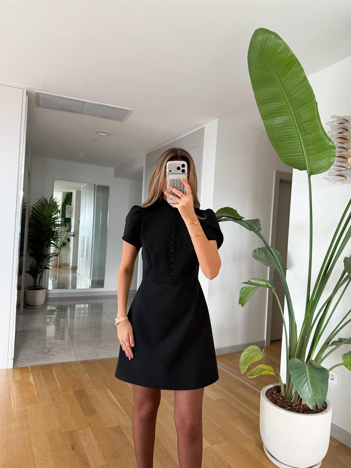 Brit Düğme Detaylı Mini Elbise - Siyah