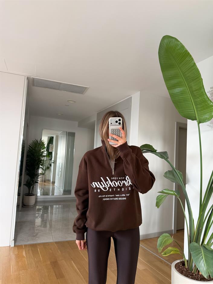 Broklyn Yazılı Sweat - Kahverengi 