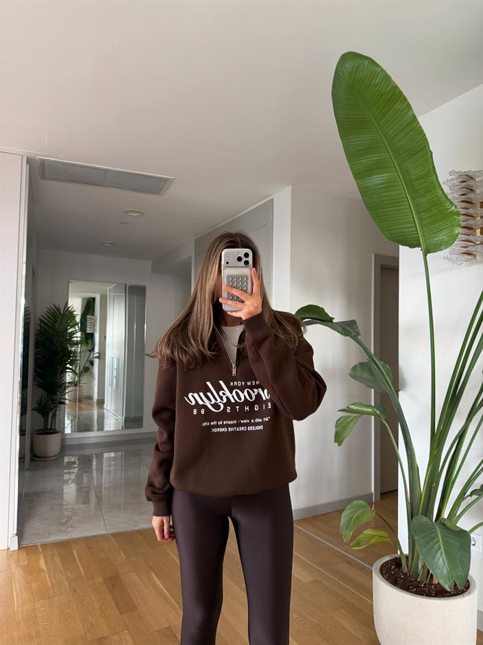 Broklyn Yazılı Sweat - Kahverengi 