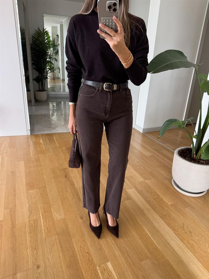 Brown Kemerli Kesik Paça Jean 