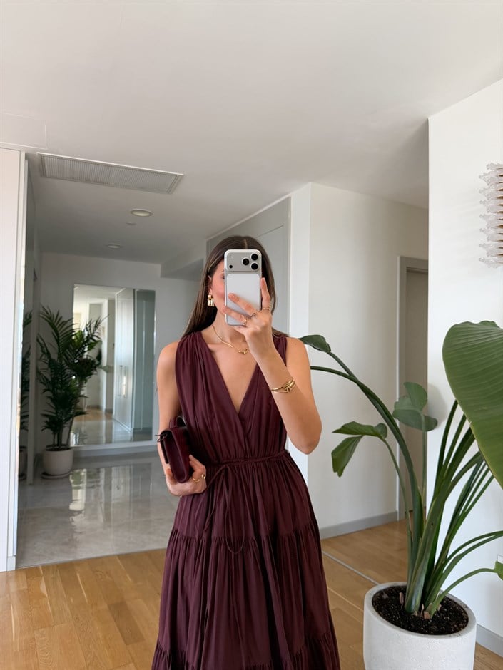 Brume V Yaka Kraşlı Elbise - Bordo