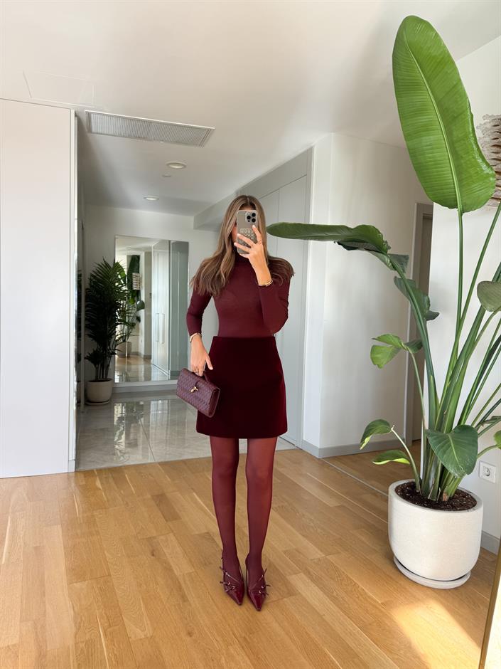 Bunny Düz Kesim Süet Etek - Bordo