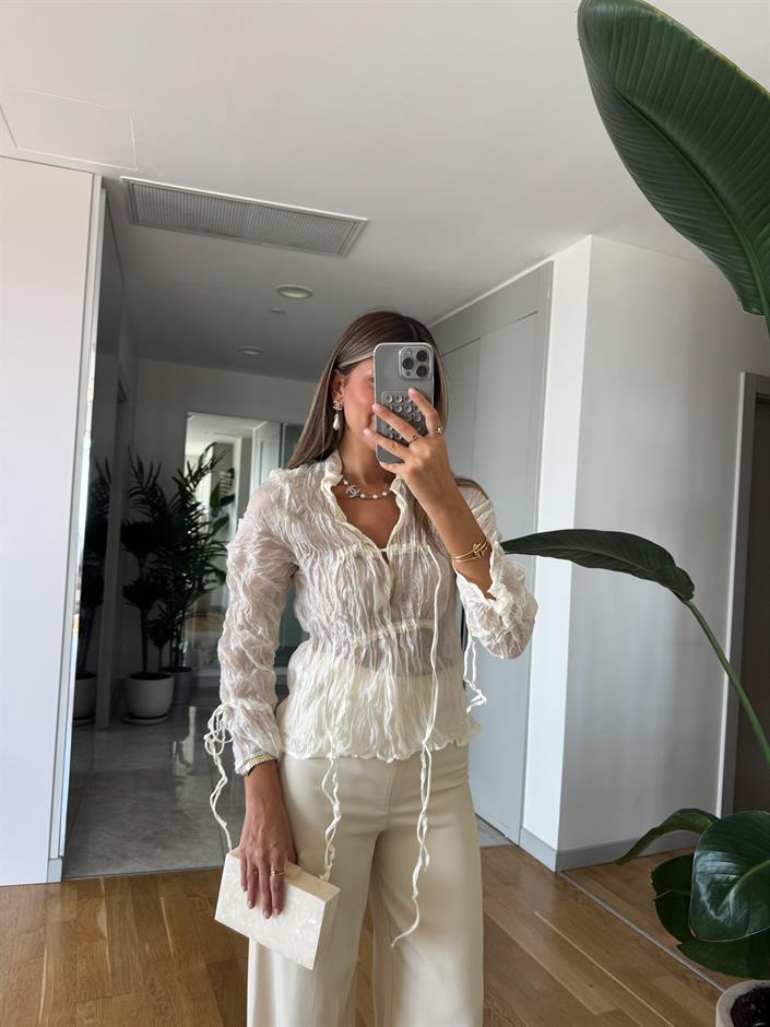 Buruşuk İp Detaylı Tül Bluz - Ekru 