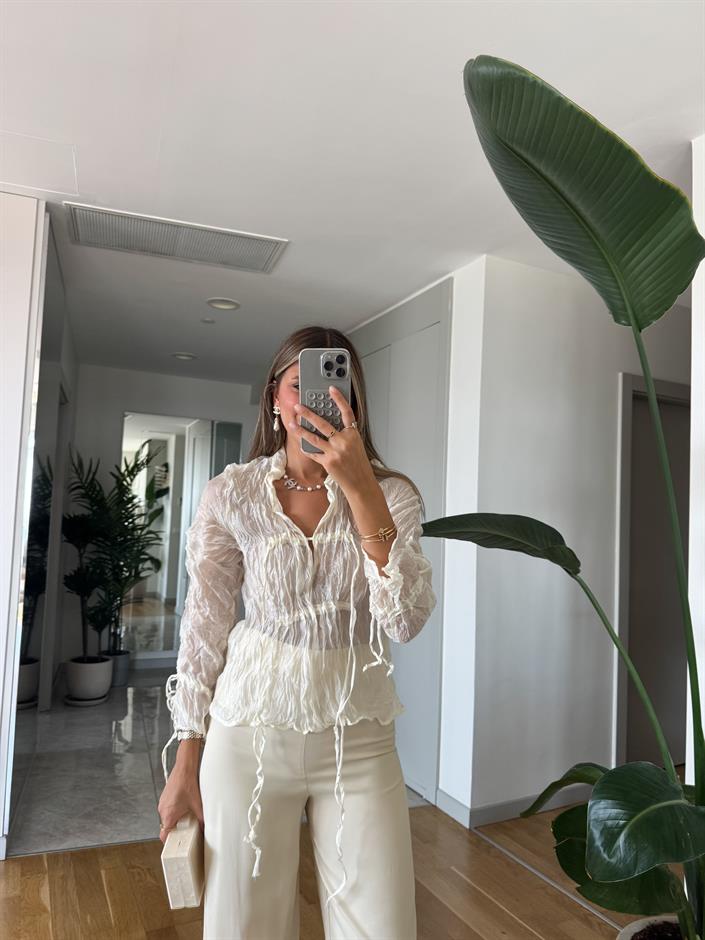 Buruşuk İp Detaylı Tül Bluz - Ekru 