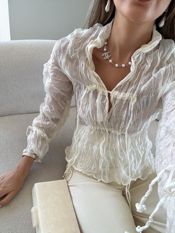 Buruşuk İp Detaylı Tül Bluz - Ekru 