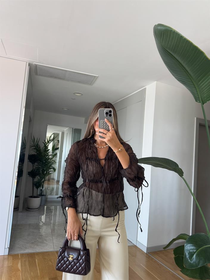 Buruşuk İp Detaylı Tül Bluz - Kahverengi