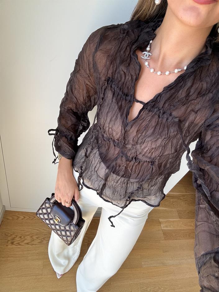 Buruşuk İp Detaylı Tül Bluz - Kahverengi