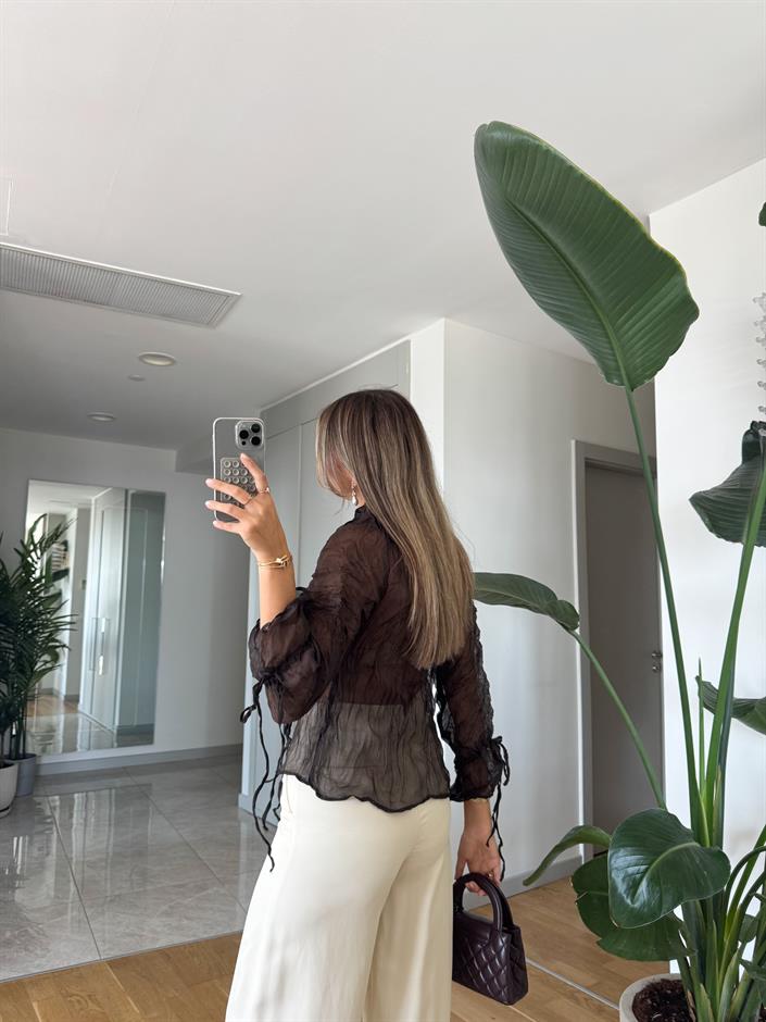 Buruşuk İp Detaylı Tül Bluz - Kahverengi