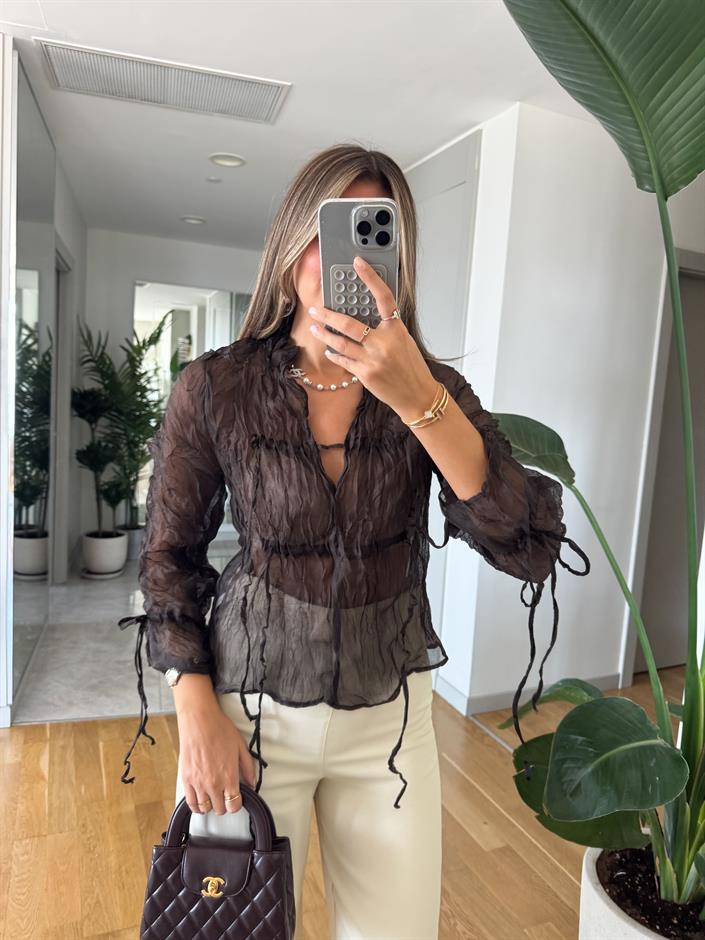 Buruşuk İp Detaylı Tül Bluz - Kahverengi