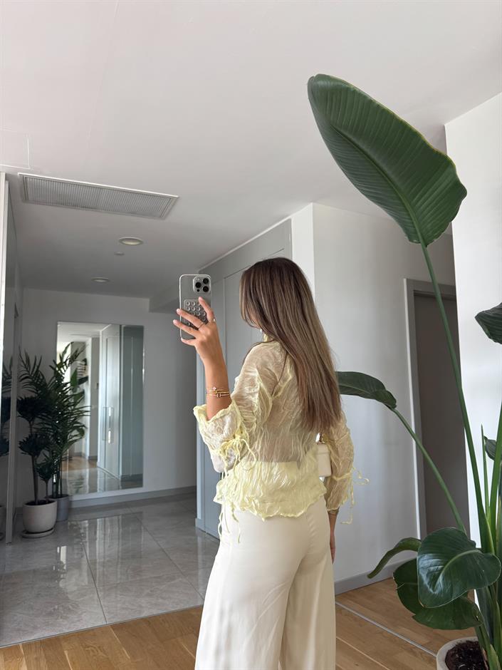 Buruşuk İp Detaylı Tül Bluz - Sarı