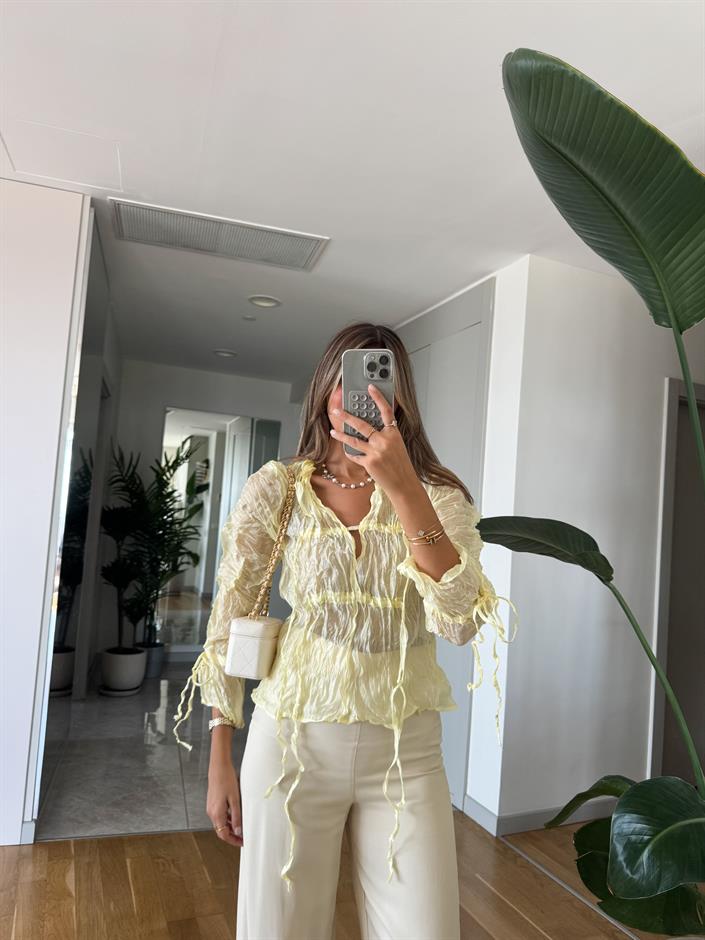 Buruşuk İp Detaylı Tül Bluz - Sarı