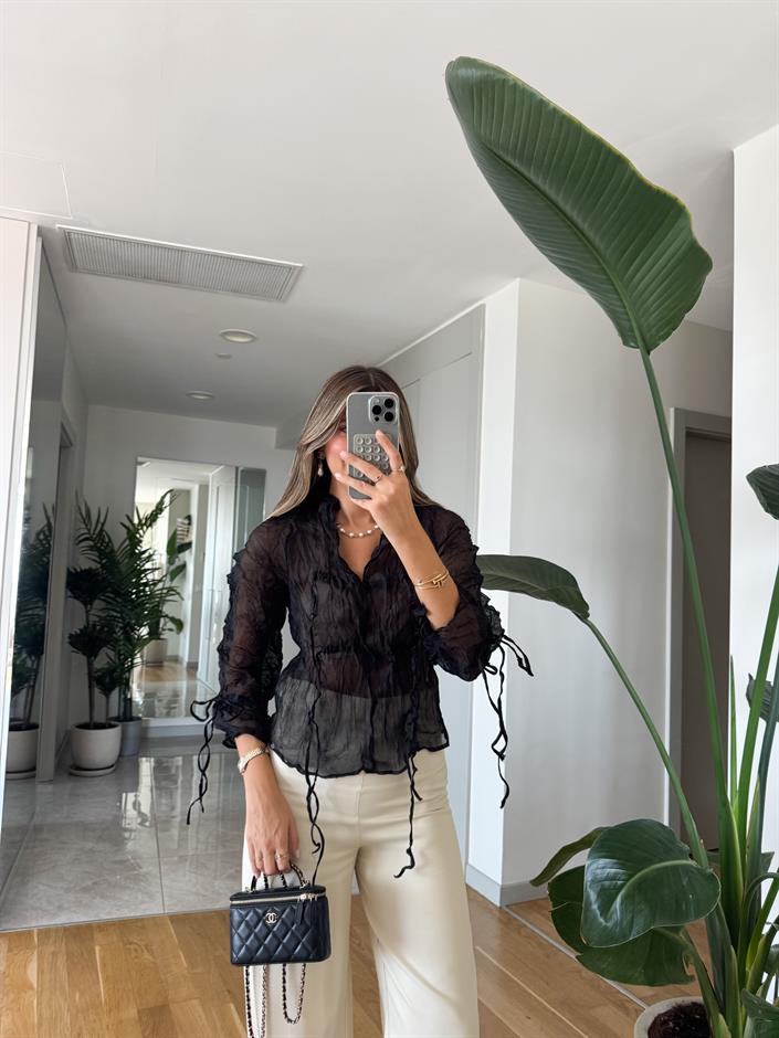 Buruşuk İp Detaylı Tül Bluz - Siyah