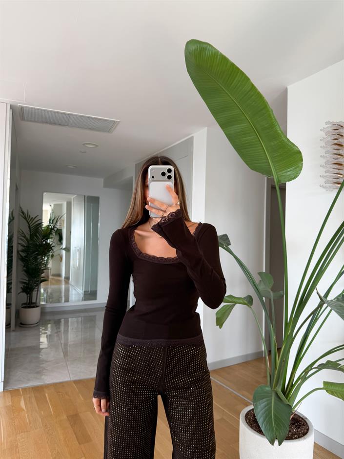 Bussy Dantel Geçmeli Bluz - Kahve