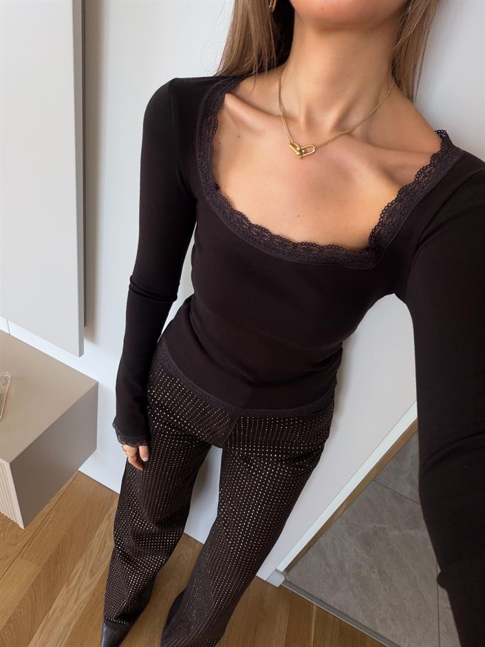 Bussy Dantel Geçmeli Bluz - Kahve