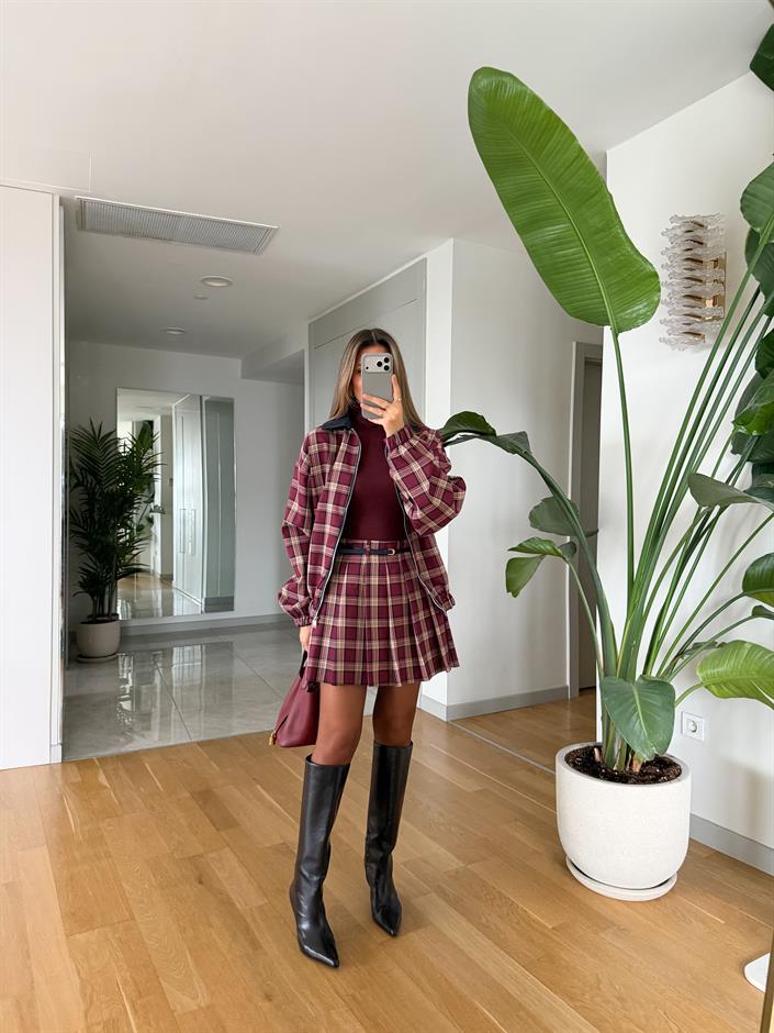 Bussy Kemerli Ekose Desen Mini Etek - Bordo