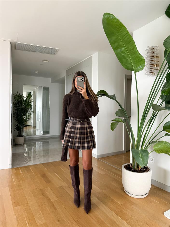 Bussy Kemerli Ekose Desen Mini Etek - Kahve