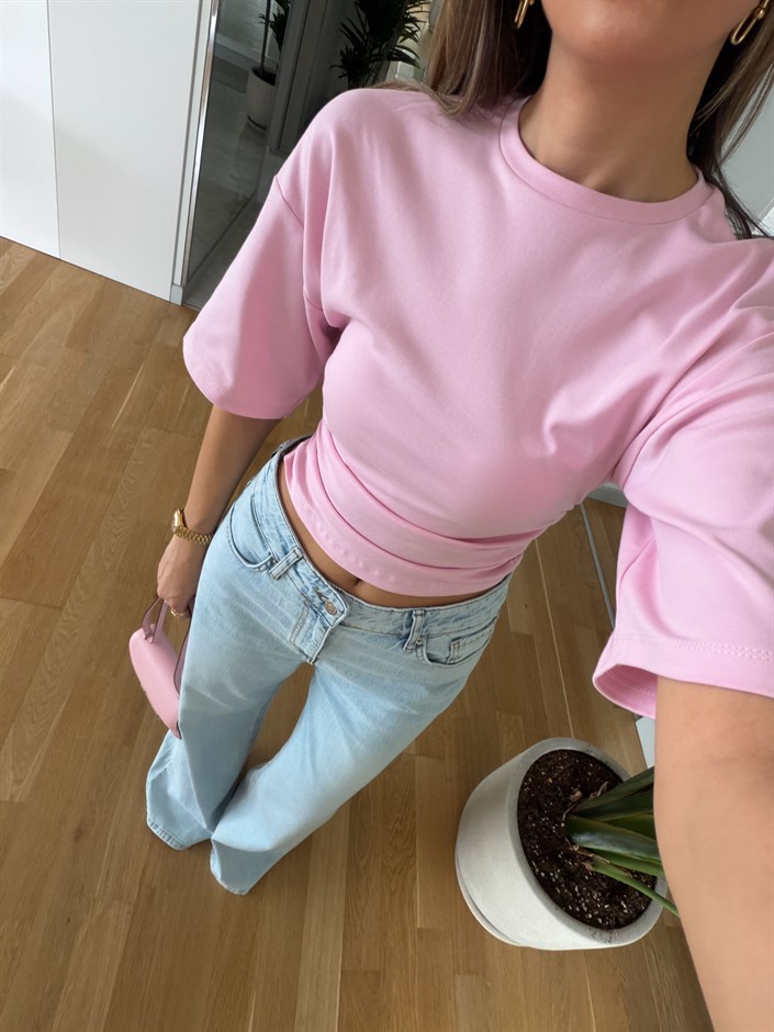 Büzgülü Yarasa Kol Tişört - Pembe