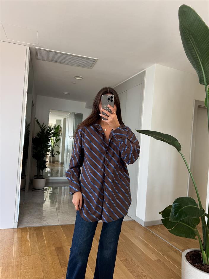 Çarpraz Çizgili Viskon Gömlek - Kahve Mavi 