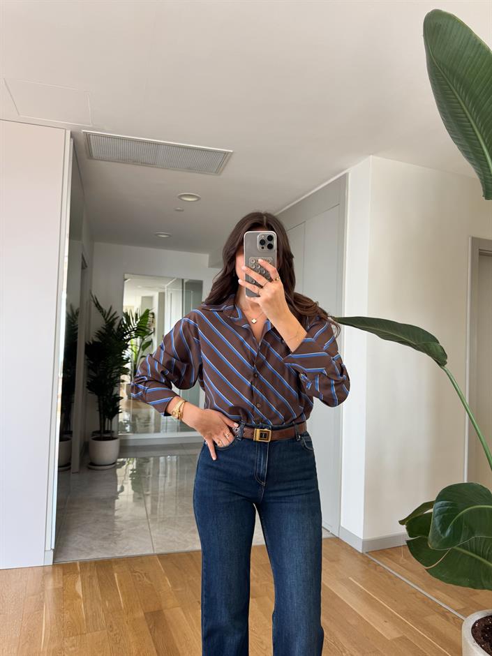 Çarpraz Çizgili Viskon Gömlek - Kahve Mavi 