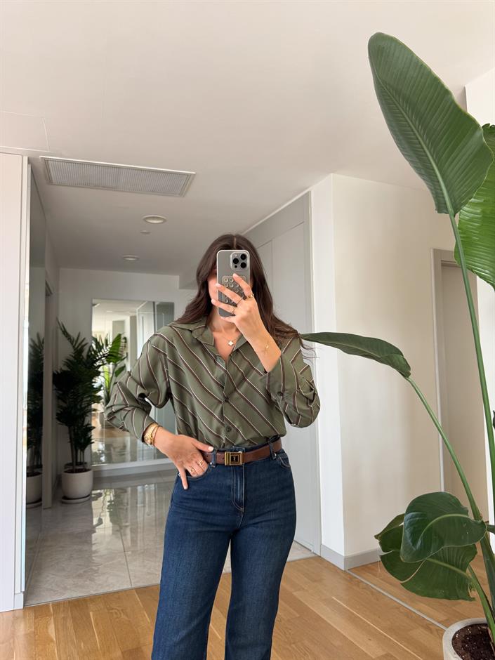 Çarpraz Çizgili Viskon Gömlek - Yeşil Kahve