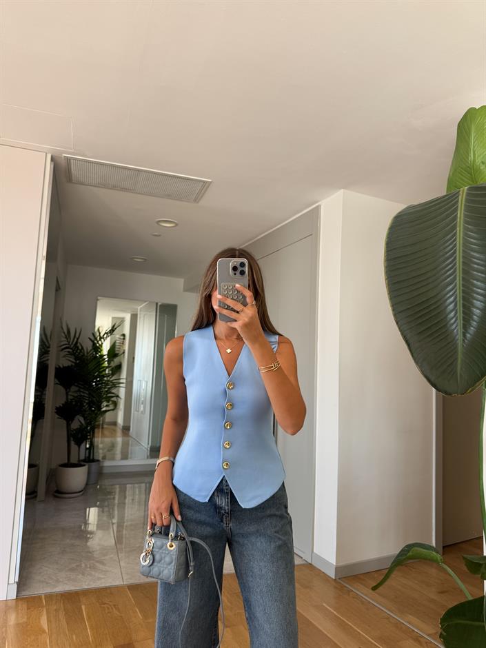 Çelik Örme Beş Düğmeli Yelek - Bebe Mavi