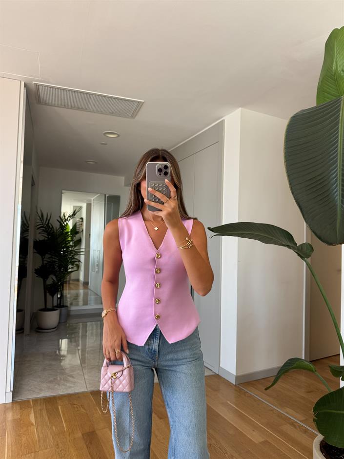 Çelik Örme Beş Düğmeli Yelek - Lila