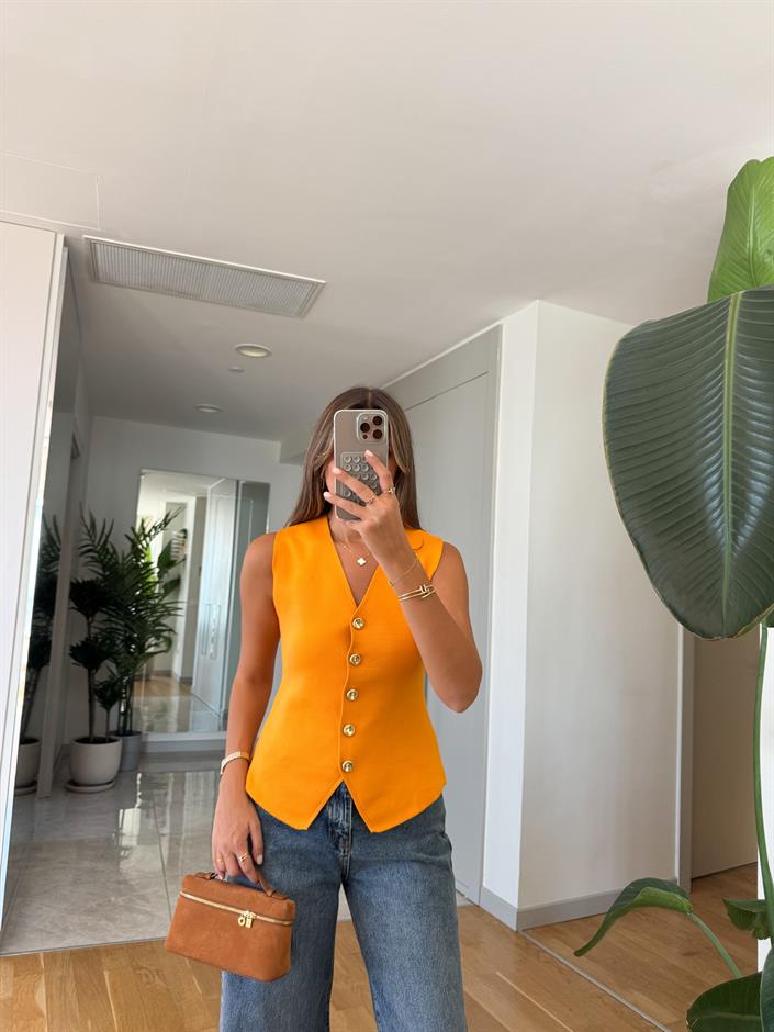 Çelik Örme Beş Düğmeli Yelek - Turuncu