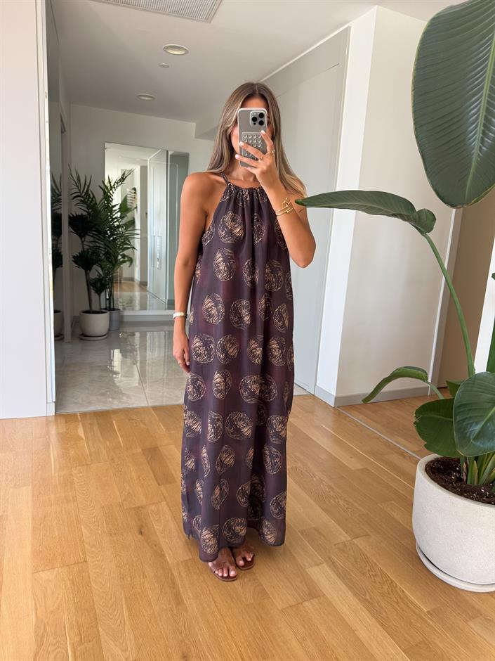 Brown Desenli Halter Yaka Elbise