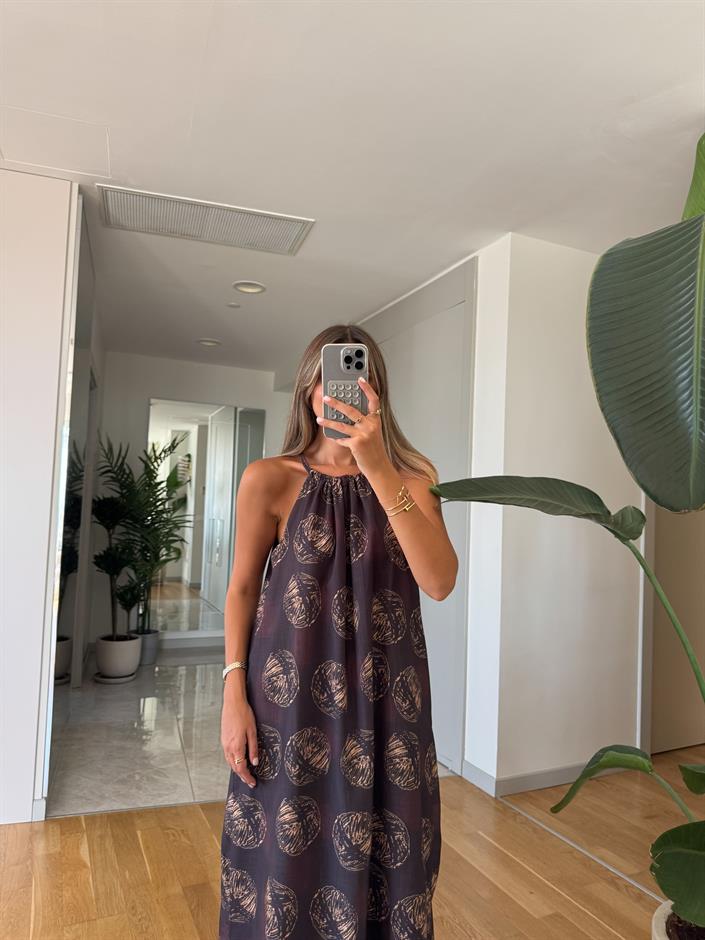 Brown Desenli Halter Yaka Elbise