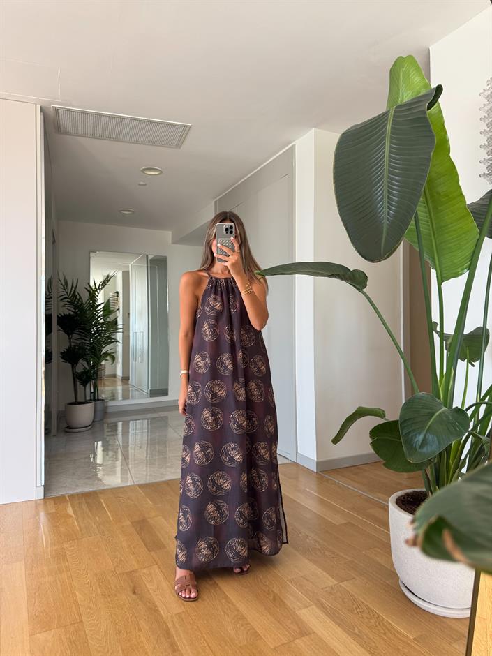 Brown Desenli Halter Yaka Elbise