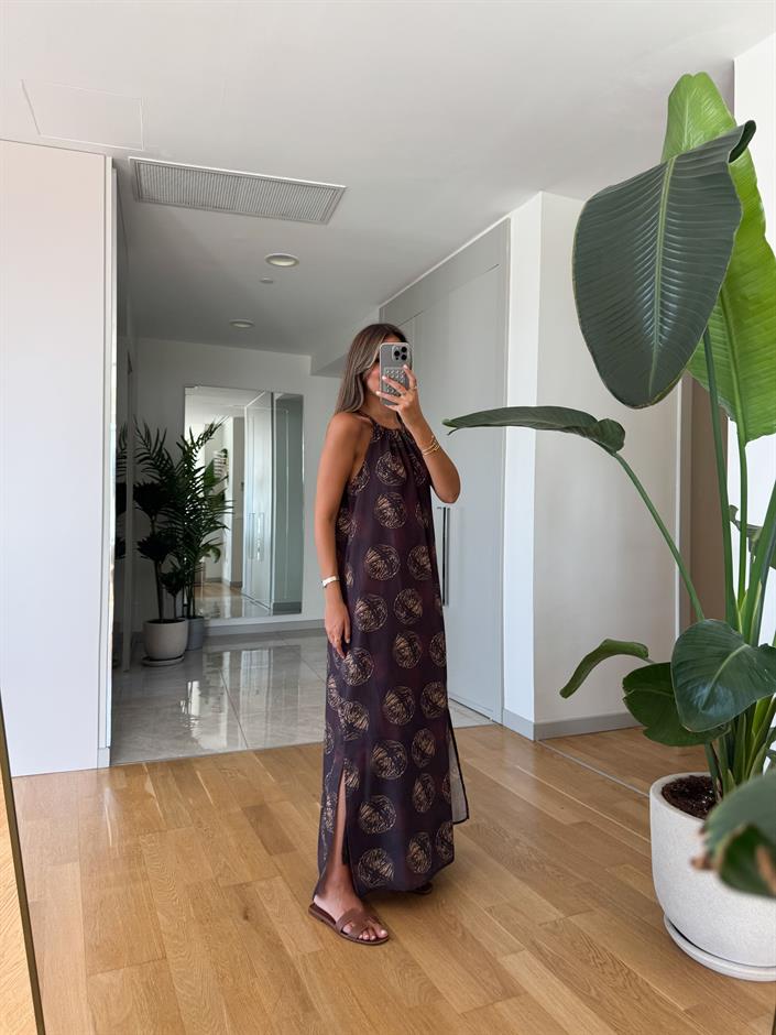 Brown Desenli Halter Yaka Elbise