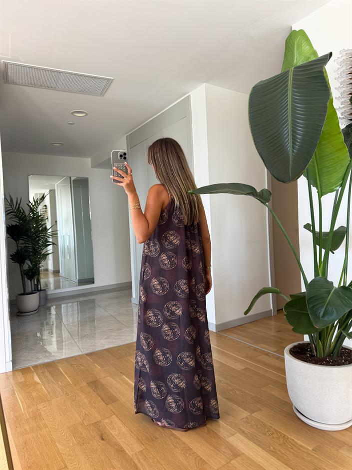 Brown Desenli Halter Yaka Elbise