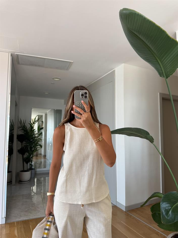 Chary Keten Dokulu Bluz Pantolon Takım - Taş