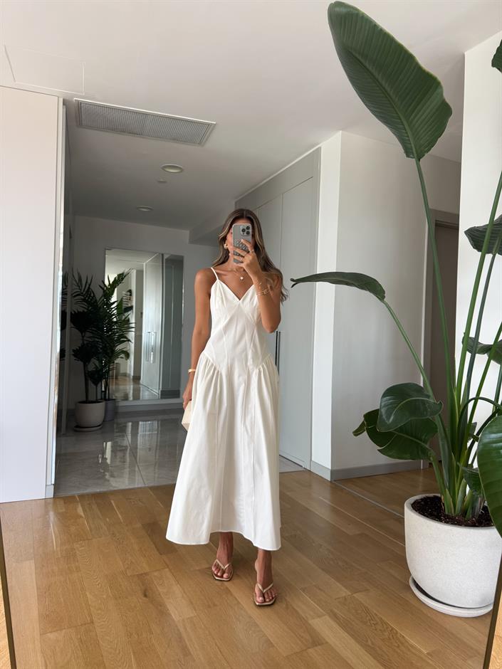 Chila Premium İp Askılı Elbise - Ekru