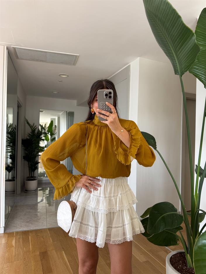 Chloe Şifon Fırfır Detaylı Bluz-Yağ Yeşili