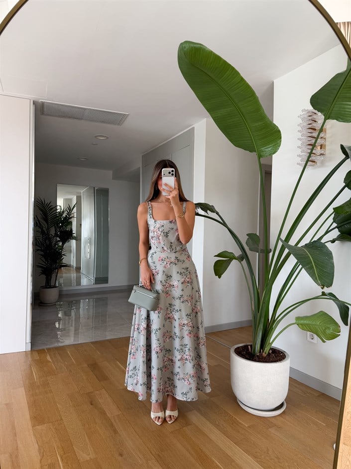 Çiçek Desenli Askılı Midi Elbise - Mint