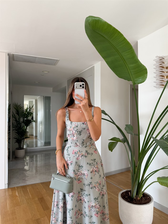 Çiçek Desenli Askılı Midi Elbise - Mint