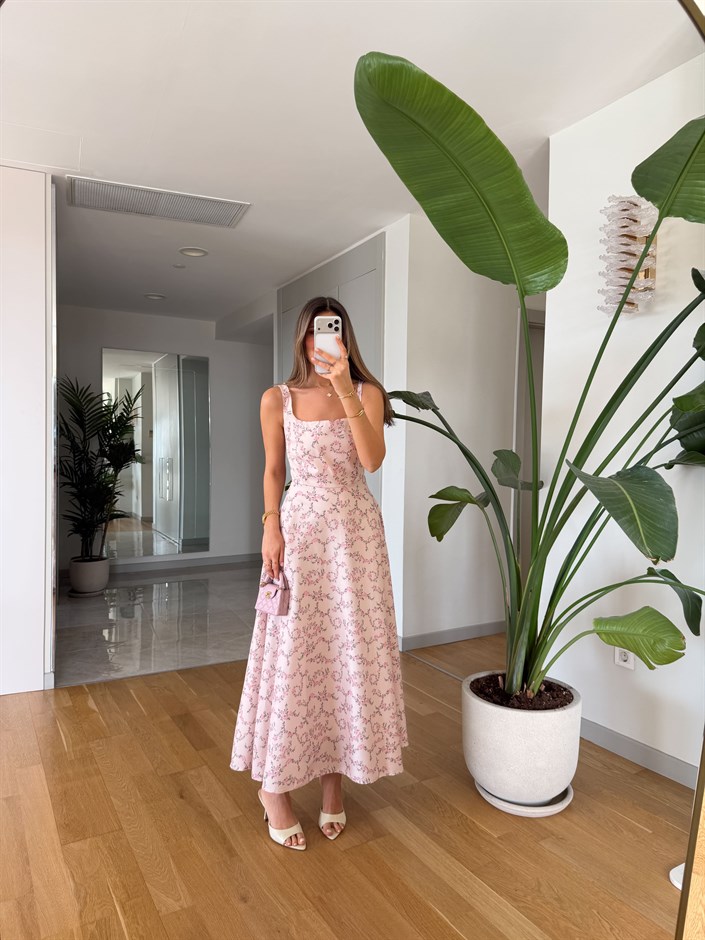 Çiçek Desenli Askılı Midi Elbise - Pembe 