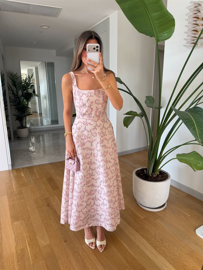 Çiçek Desenli Askılı Midi Elbise - Pembe 