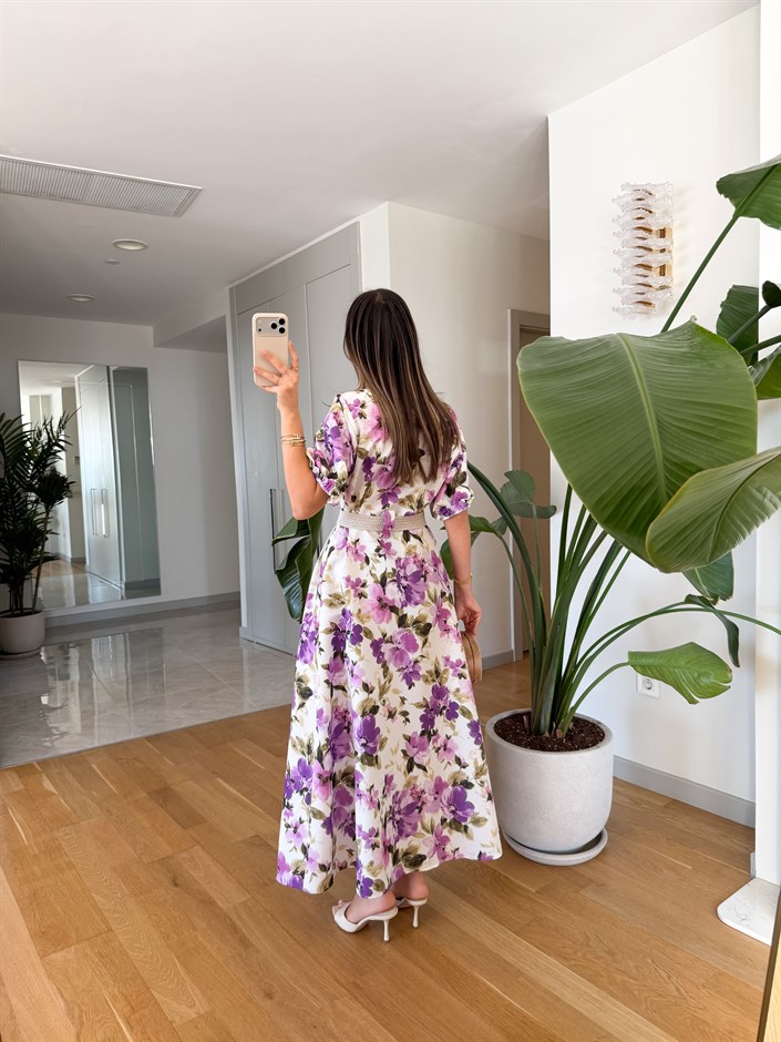 Çiçek Desenli Hasır Kemerli Elbise 