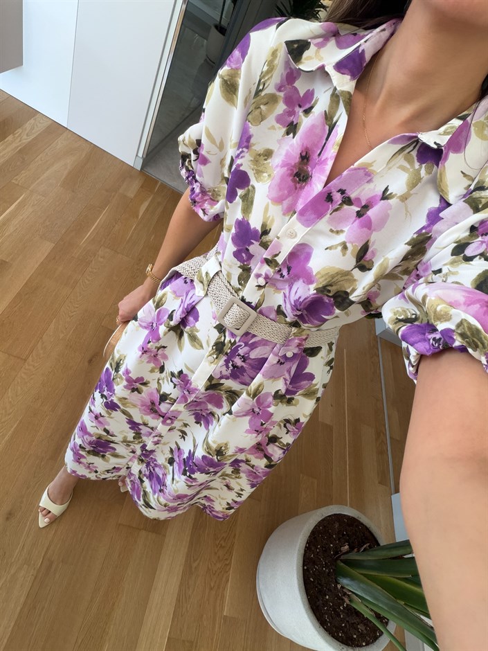 Çiçek Desenli Hasır Kemerli Elbise 